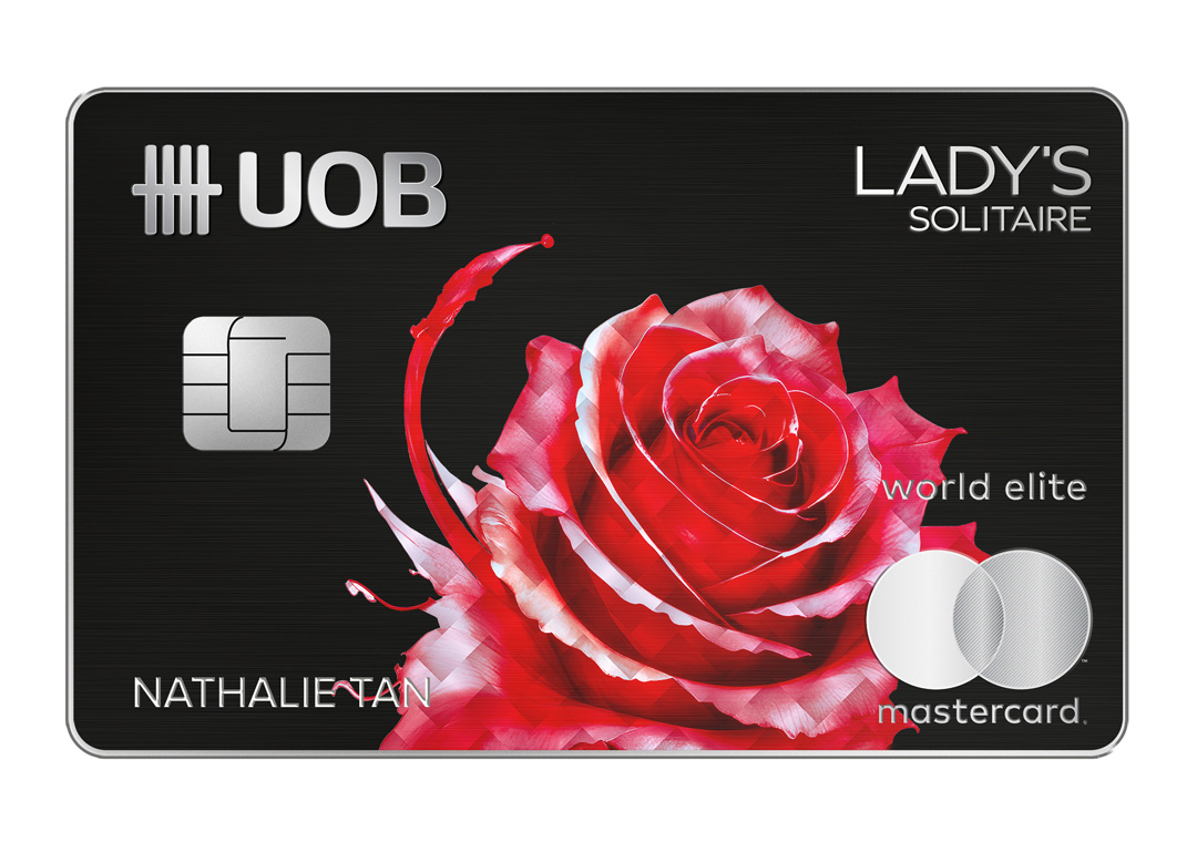 The limited edition UOB Lady's Solitaire Metal Card, featuring a radiant red rose.