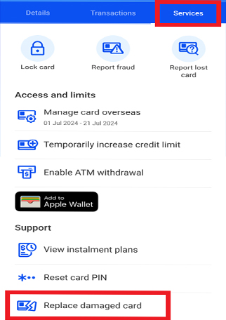 Tap “Services” > “Replace damaged card”