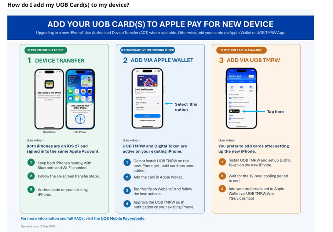 Add your UOB Card(s) to Apple Pay for new device