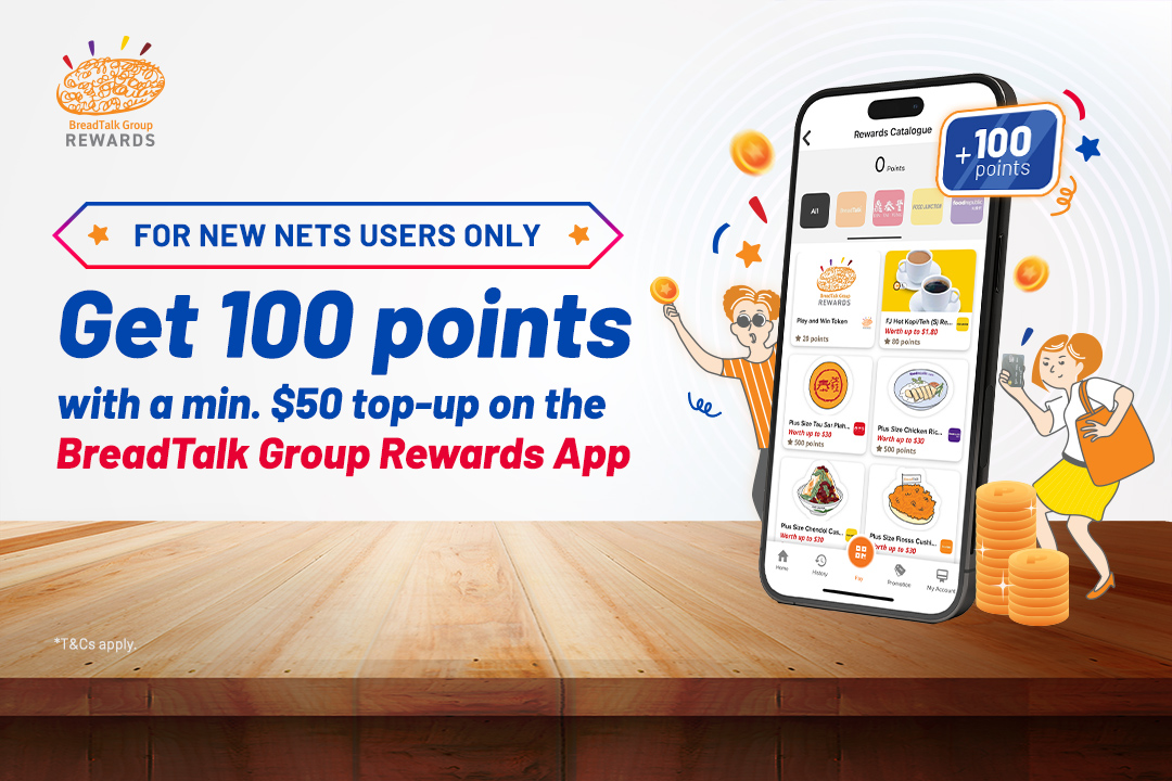 Get 100 Rewards Points with NETS on BreadTalk Group Rewards App