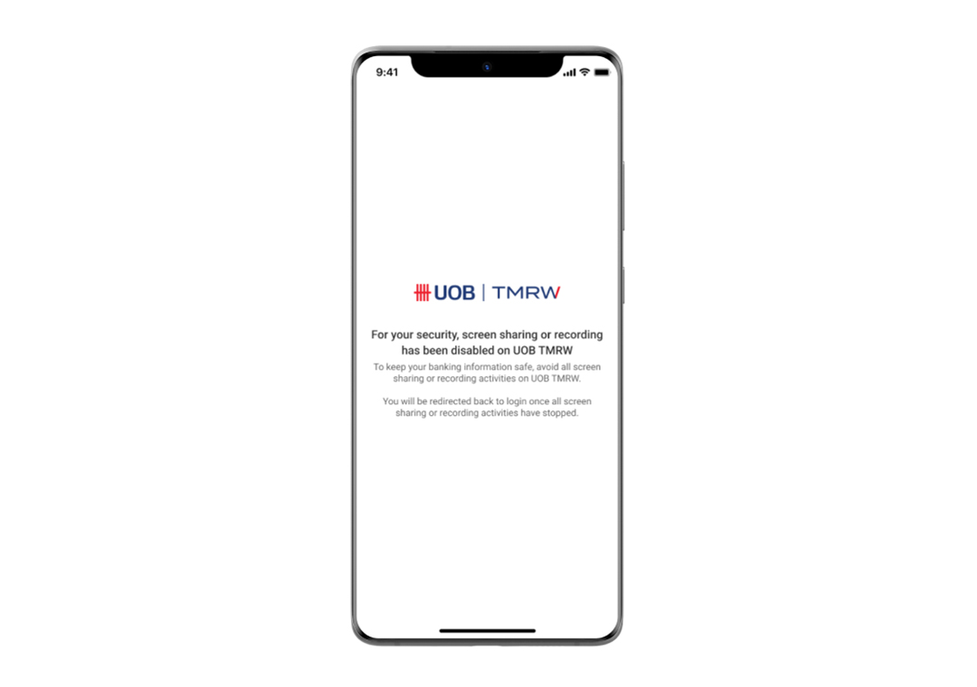 Restrict access to UOB TMRW app when screen sharing is detected