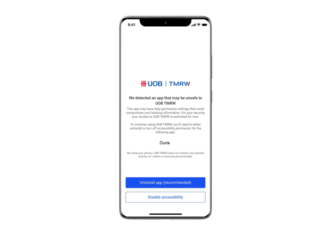 Restrict access to UOB TMRW app when unauthorised apps are detected