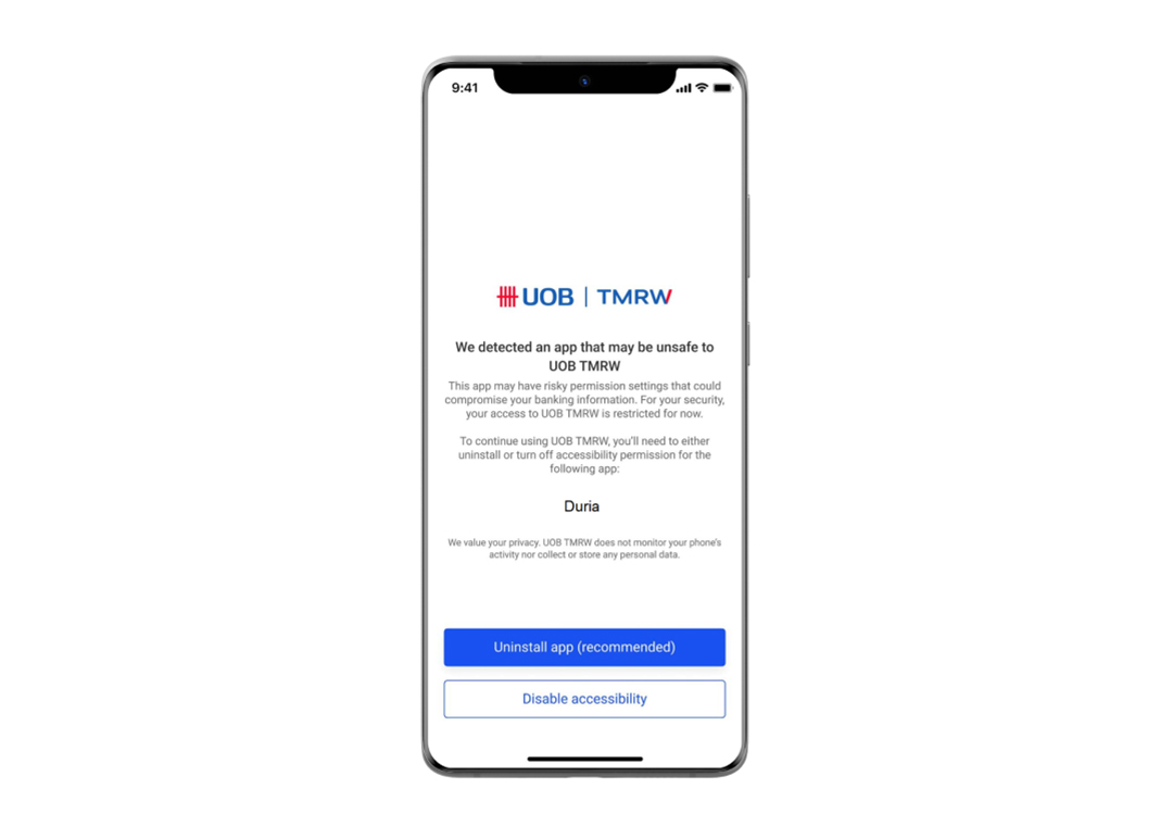 Restrict access to UOB TMRW app when unauthorised apps are detected