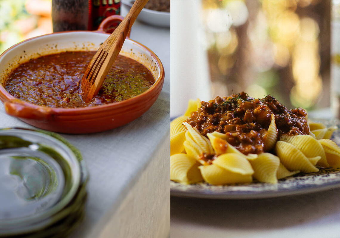 Once beef and pasta are done: In a pan, sauté the add the diced onions, herb blend, and minced garlic together, until onions turn slightly translucent.