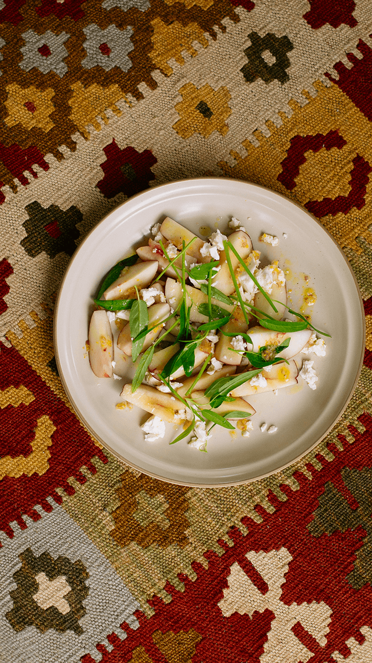 Cynthea’s Kang Kong salad recipe: Garnish your Peach salad with Feta Cheese, Kang Kong, and a blend of Olive Oil + AppleCider Vinegar + Salt + Pepper.