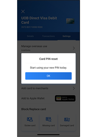Your UOB card is successfully added and shown on the third-party app